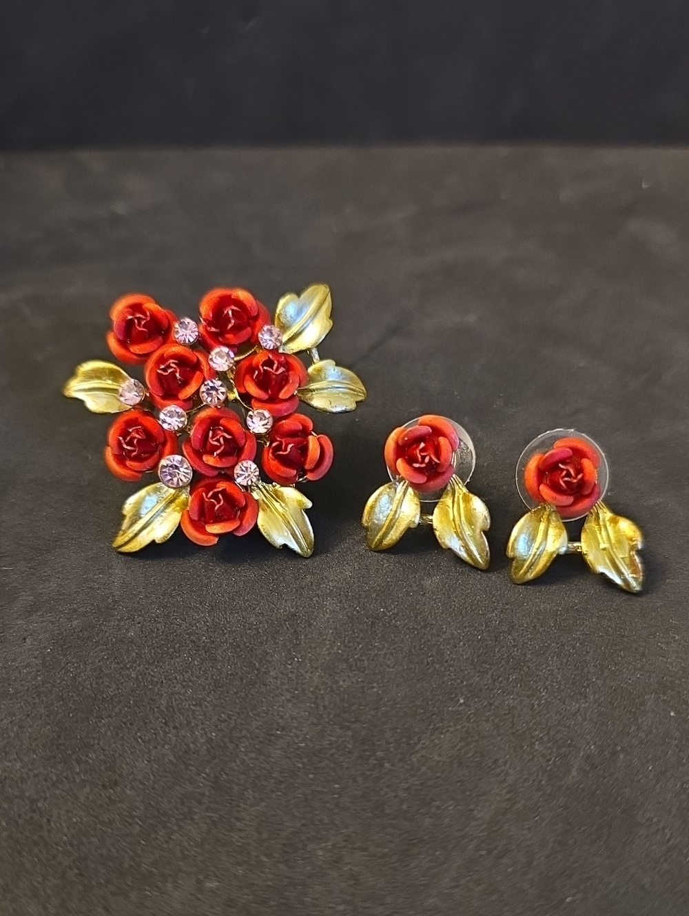 Vintage-Inspired Red Rose Floral Brooch and Earring Set With Pink Rhinestones